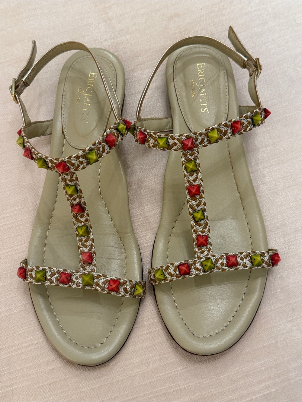 Eric Javits beige/gold T-Strap Sandals with Bead Accents